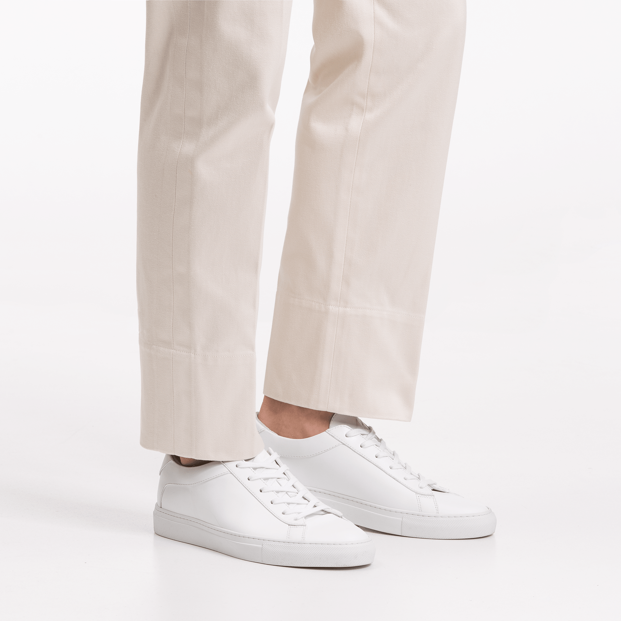 Low Top Leather Sneaker in White | Capri Triple White | KOIO leg down